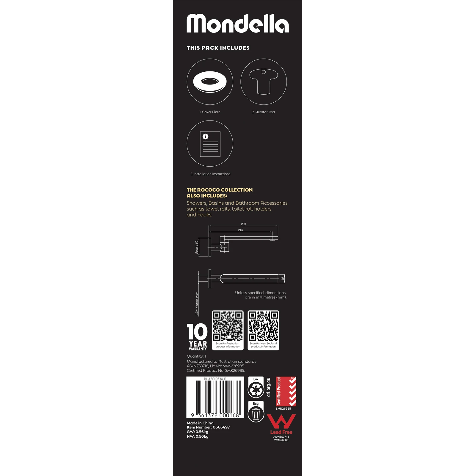 Mondella Matte Black Rococo Swivel Bath Spout 304 Stainless WaterMark 500kPa