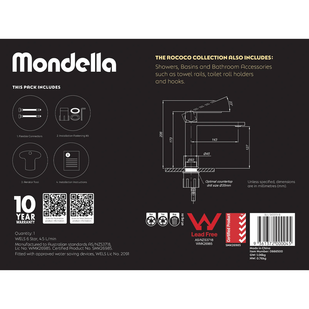 Mondella Matte Black Rococo Basin Mixer 304 Stainless 4.5L/min WELS 6 Star
