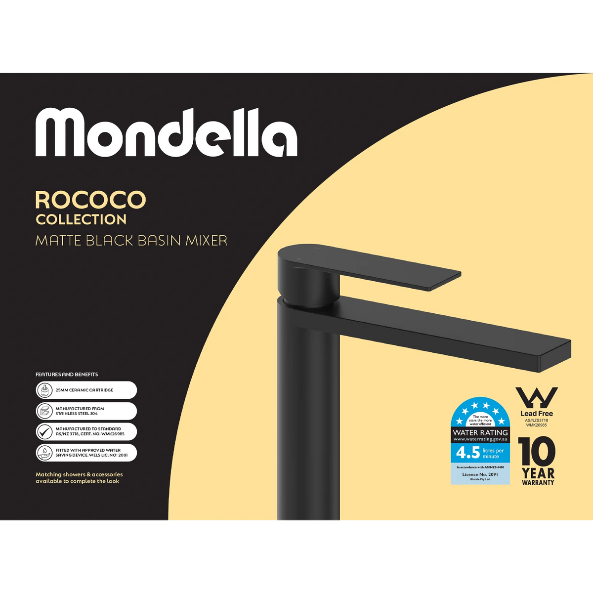 Mondella Matte Black Rococo Basin Mixer 304 Stainless 4.5L/min WELS 6 Star