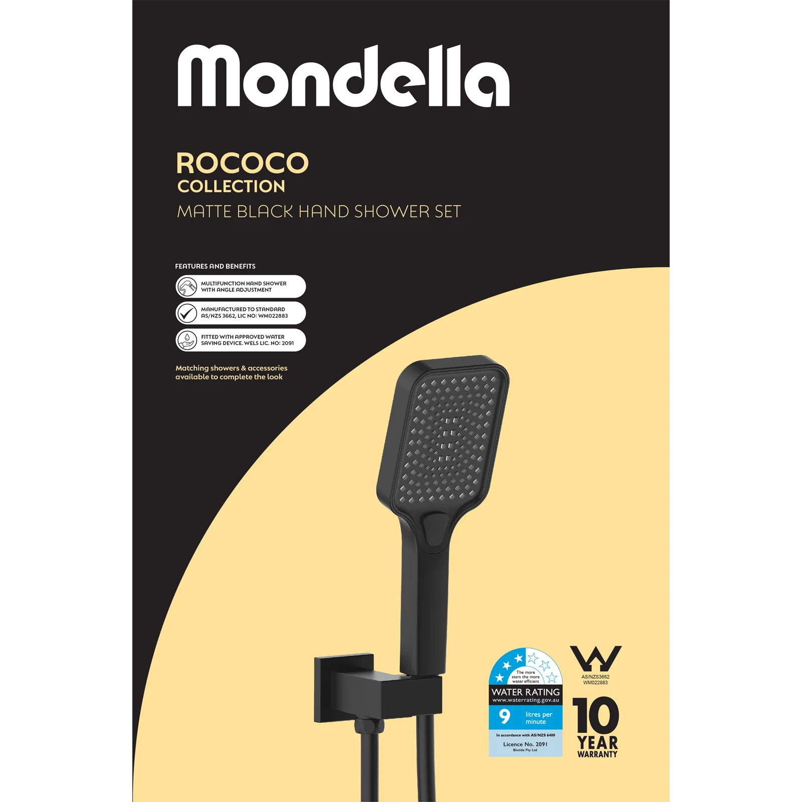 Mondella Matte Black Rococo Multifunction Hand Shower Set 9L/min WELS 3 Star 4 Spray