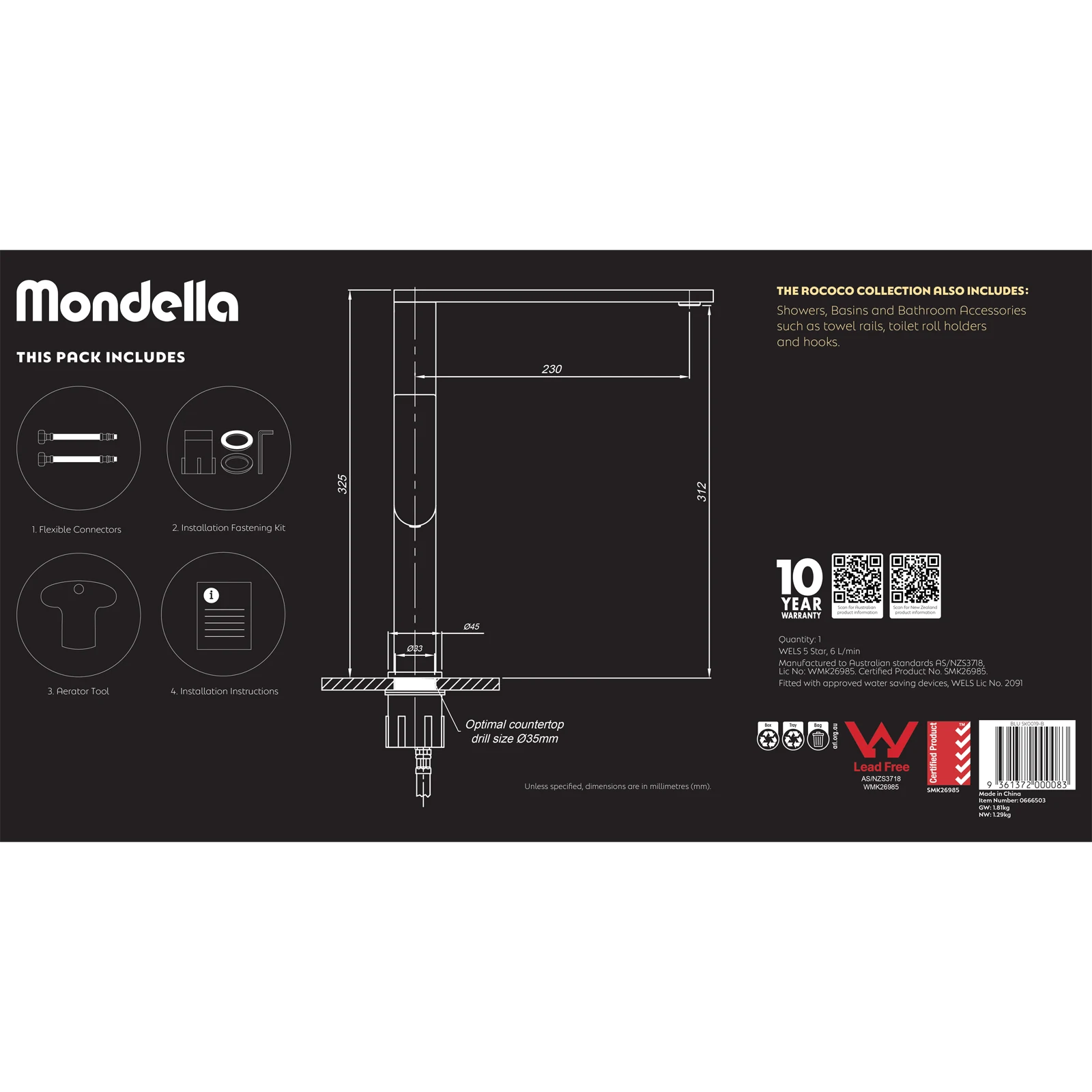 Mondella Matte Black Rococo Sink Mixer 304 Stainless 6L/min WELS 5 Star