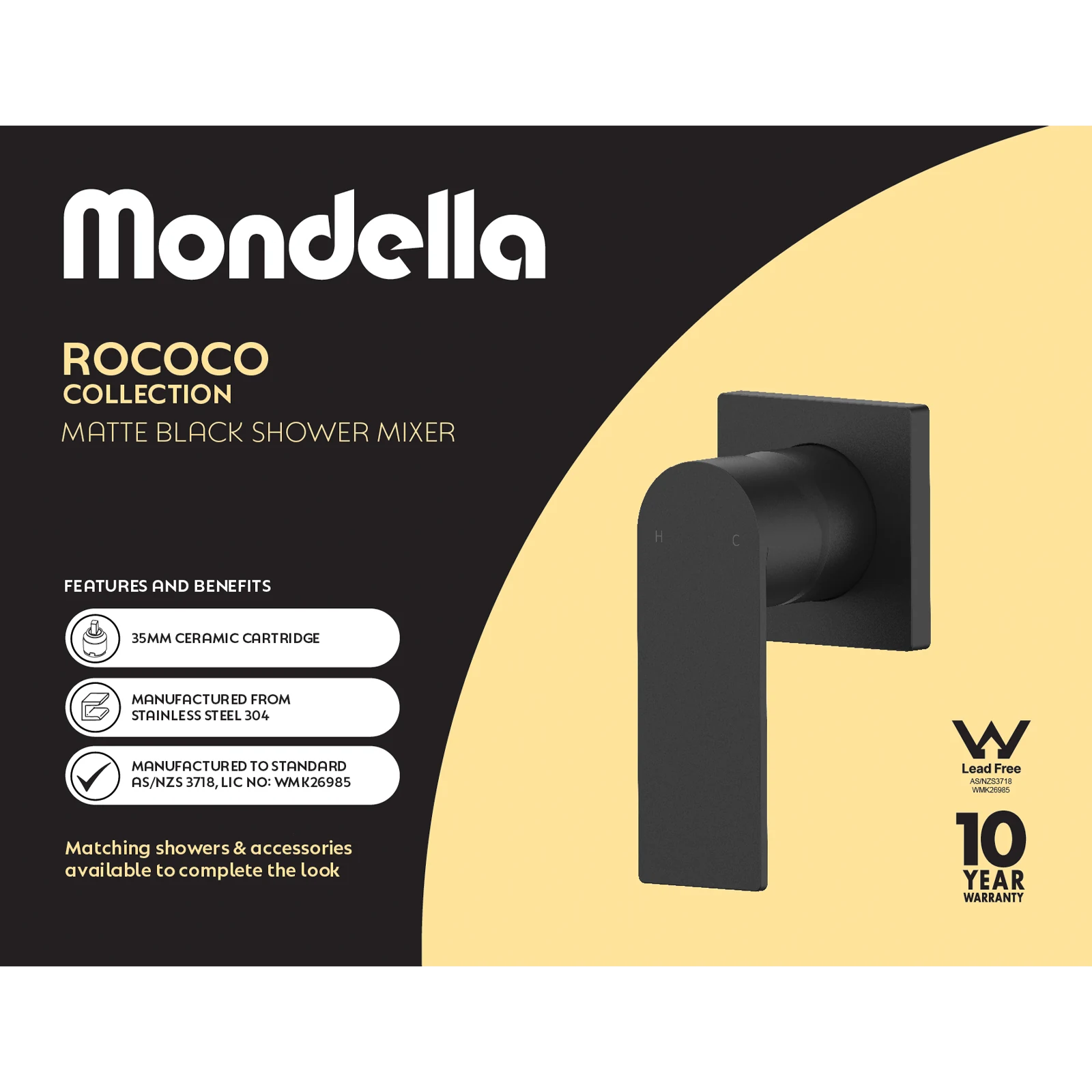 Mondella Matte Black Rococo Shower Mixer 304 Stainless Single Lever Inwall 35mm