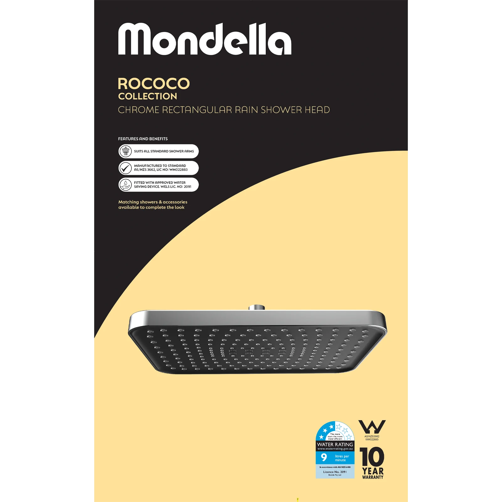Mondella Chrome Rococo Rectangular Rain Shower Head 300mm 9L/min WELS 3 Star