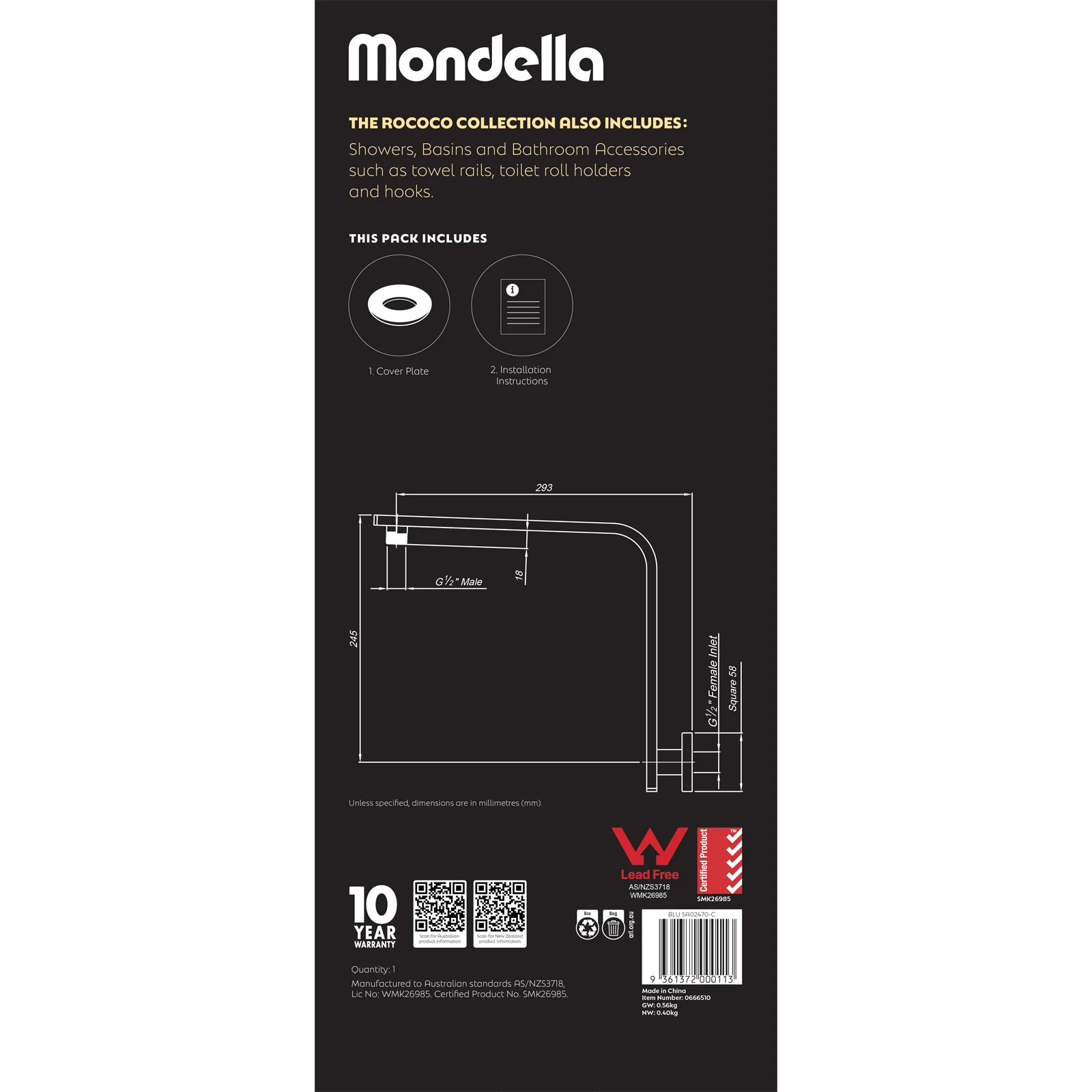 Mondella Chrome Rococo Curved Shower Arm 304 Stainless Horizontal