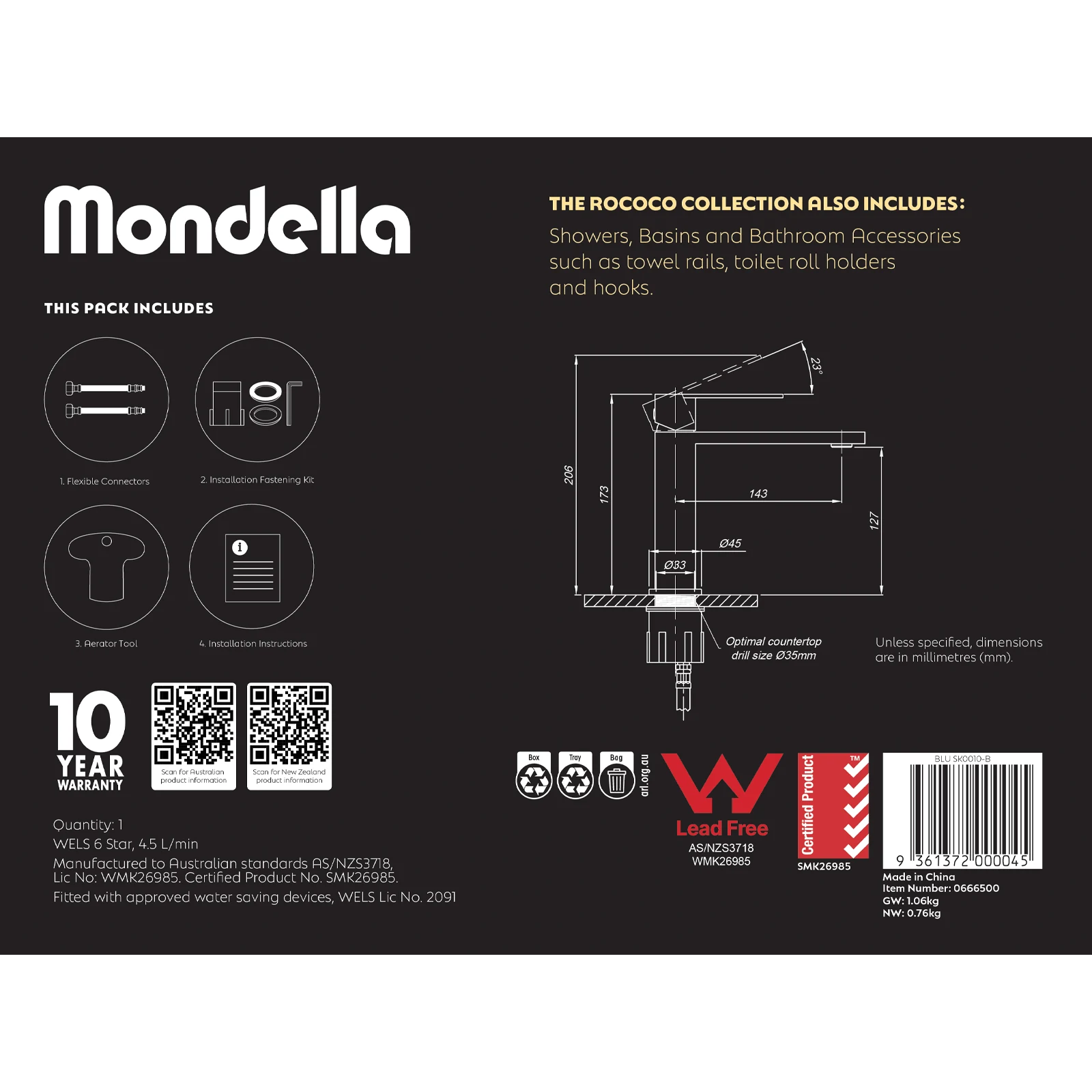 Mondella Matte Black Rococo Tall Basin Mixer 304 Stainless 4.5L/min WELS 3 Star