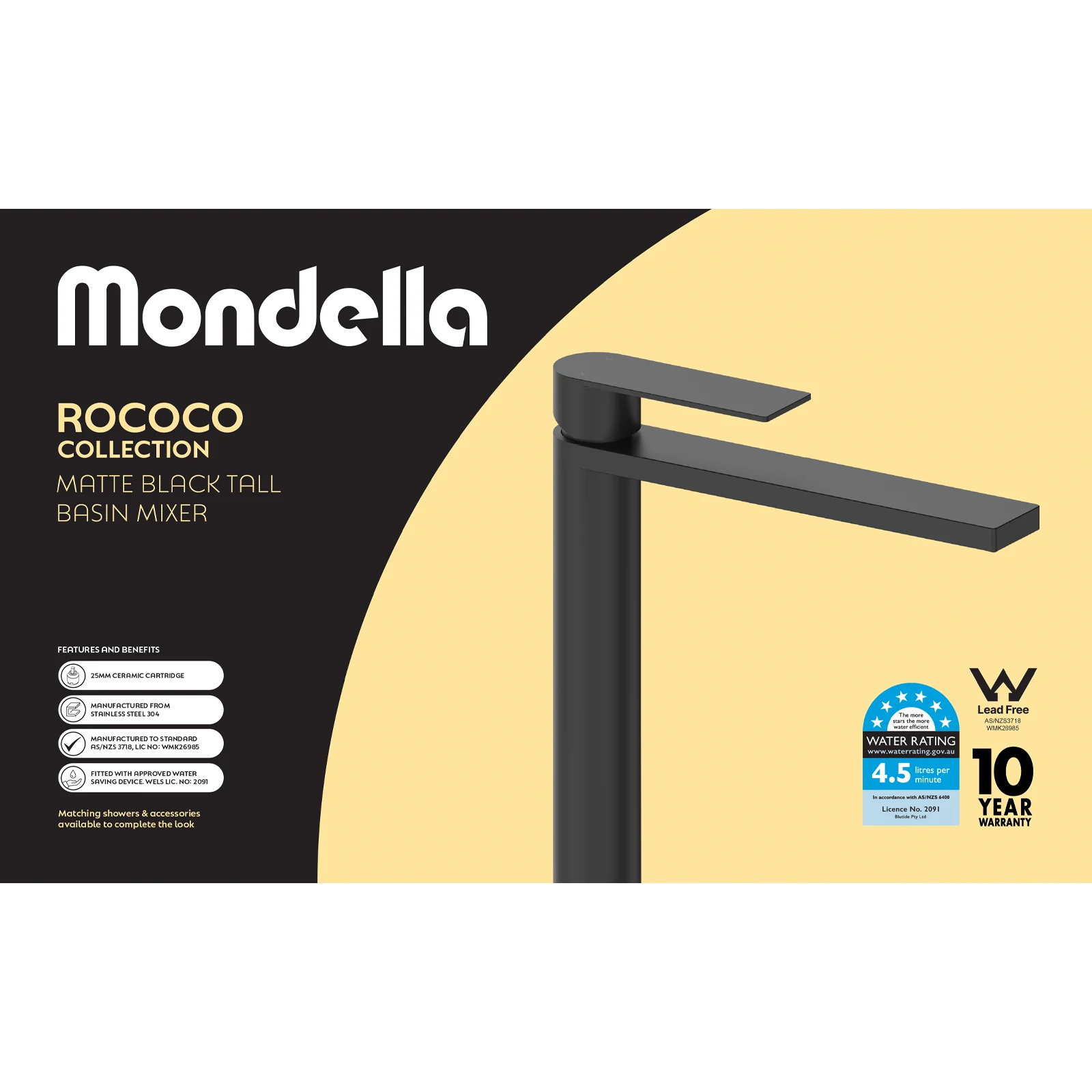 Mondella Matte Black Rococo Tall Basin Mixer 304 Stainless 4.5L/min WELS 3 Star