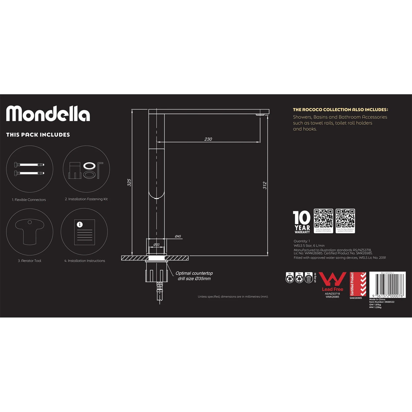 Mondella Chrome Rococo Sink Mixer Single Lever 5 Star WELS 6L/min