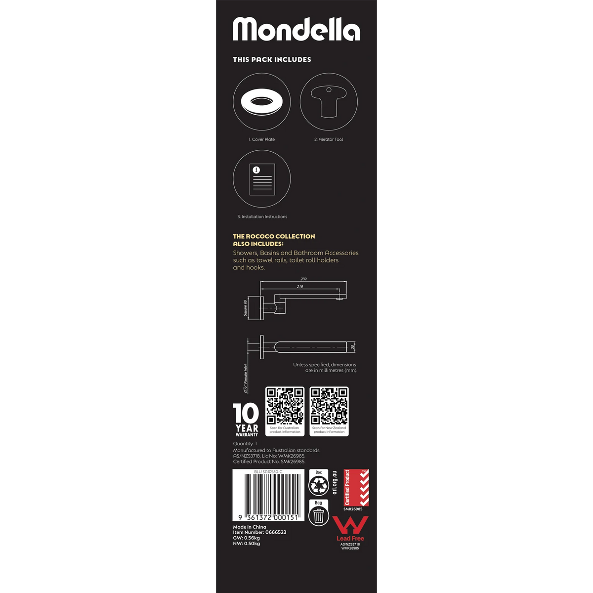 Mondella Chrome Rococo Swivel Bath Spout 304 Stainless 200mm WaterMark