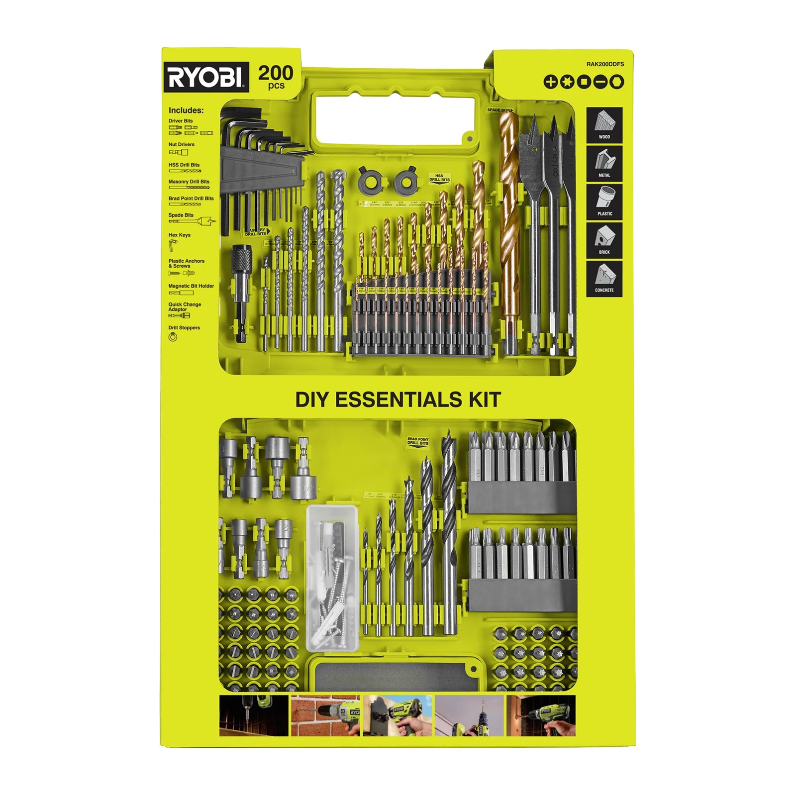 Ryobi 200 Piece DIY Essentials Drilling & Driving Kit RAK200DDFS