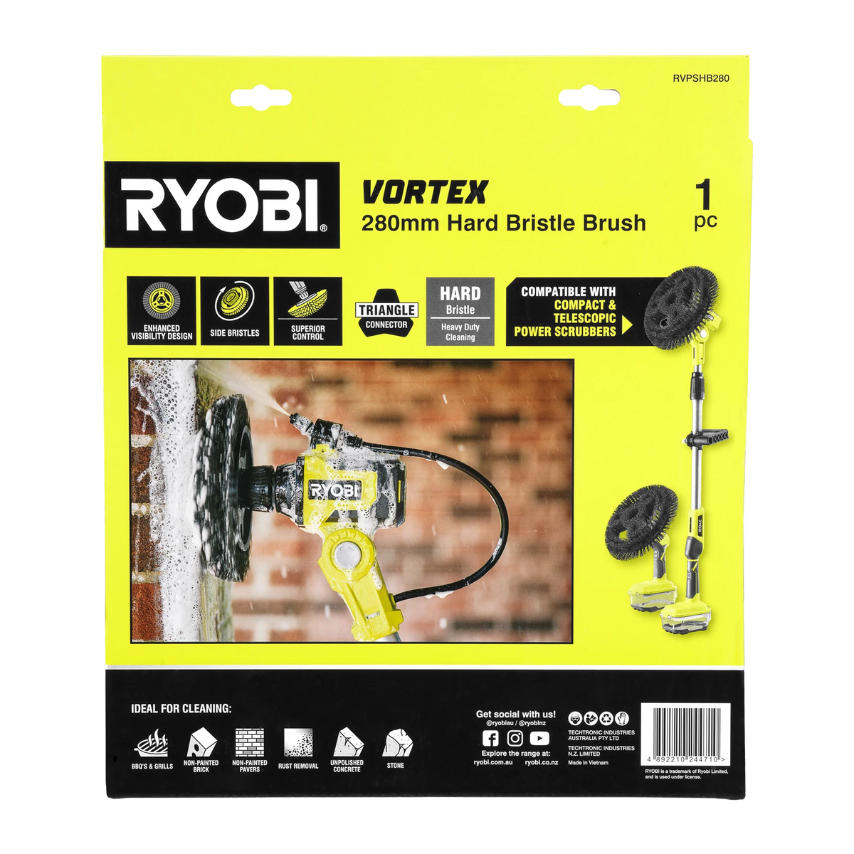 Ryobi Hard Bristle Power Scrubber Brush 280mm Outdoor Cleaning Brush