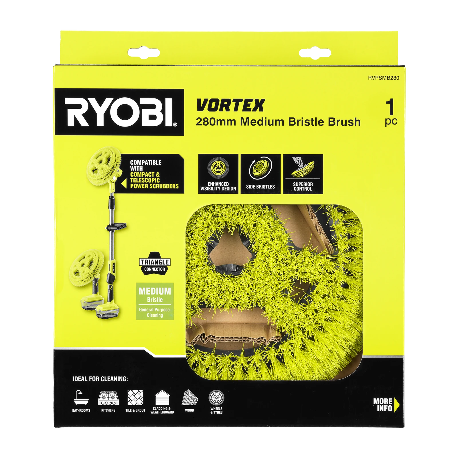 Ryobi Medium Bristle Power Scrubber Brush 280mm General Cleaning Brush