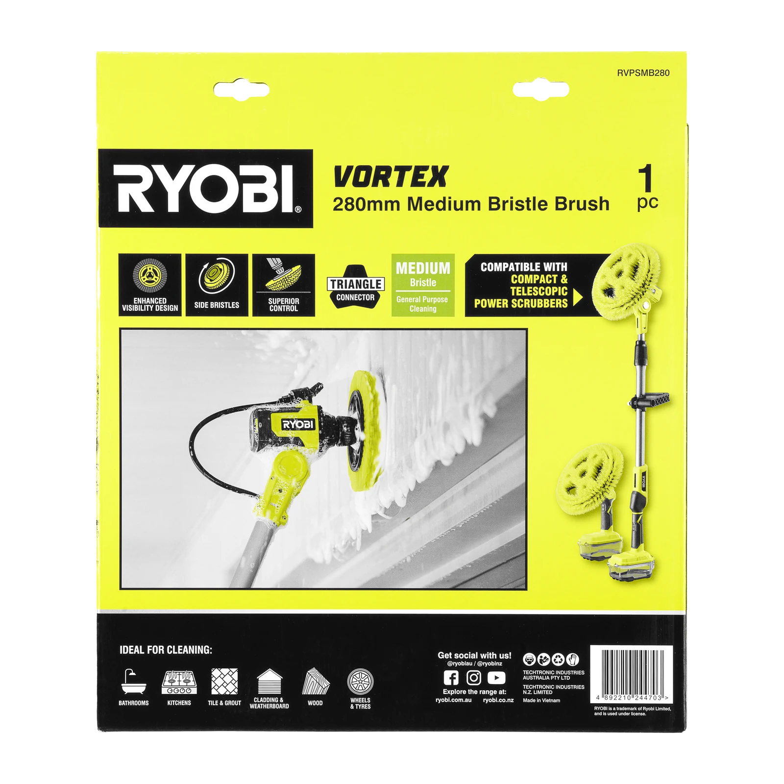 Ryobi Medium Bristle Power Scrubber Brush 280mm General Cleaning Brush