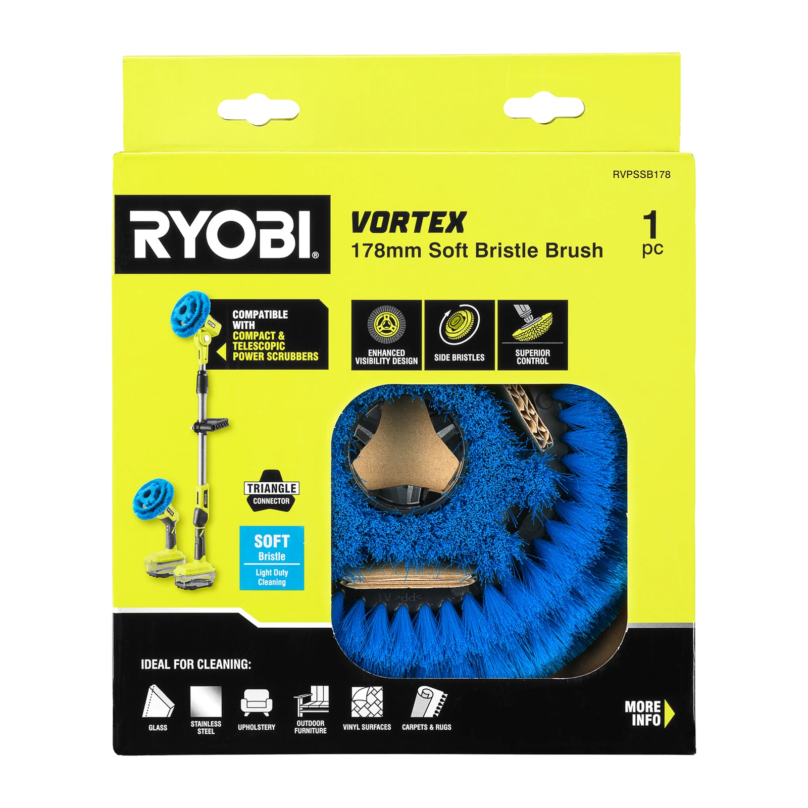 Ryobi Soft Bristle Power Scrubber Brush 178mm Light Duty Cleaning Brush