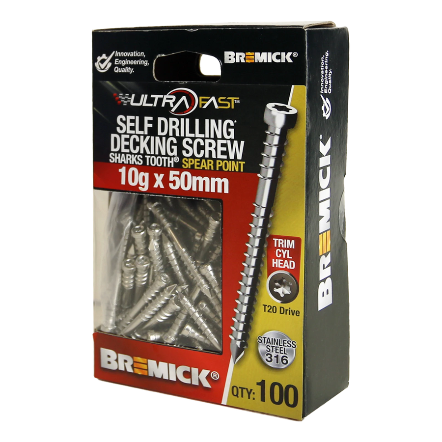 Bremick UltraFast 10g x 50mm 316 Stainless Steel T20 Trim Head Screw 100 Pack