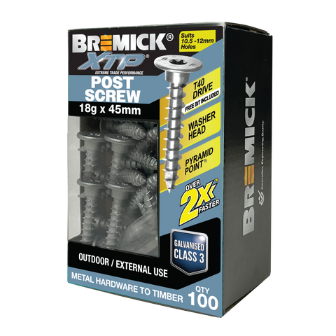 Bremick XTP 18g x 45mm Galvanised Washer Head T40 Post Screw 100 Pack