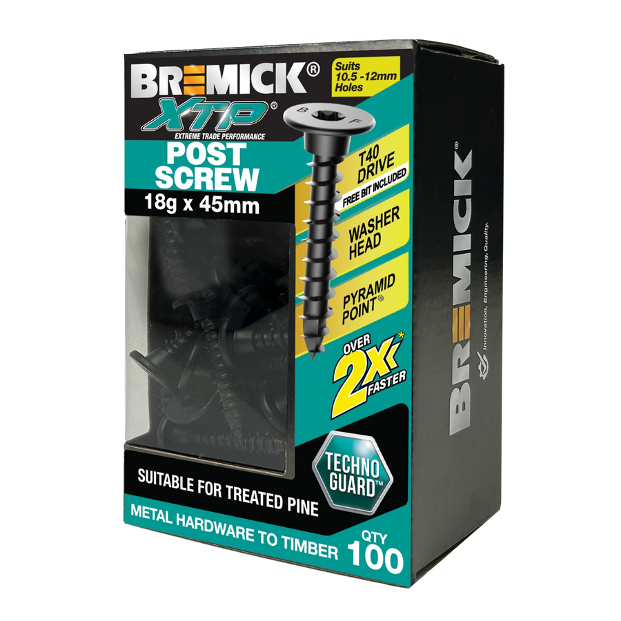 Bremick XTP 18g x 45mm TechnoGuard Black T40 Washer Head Post Screw - 100 Pack