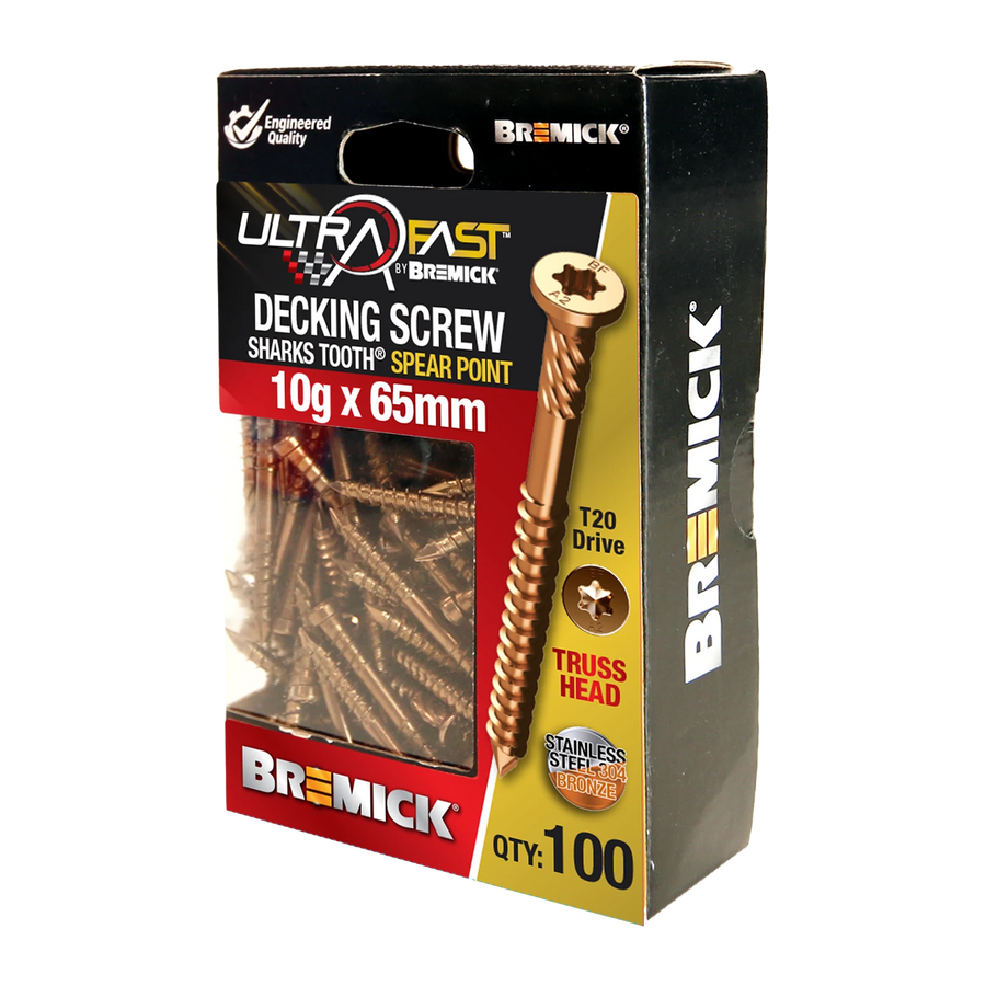 Bremick UltraFast 10g x 65mm 304 Stainless Steel Bronze T20 Truss Head Decking Screw - 100 Pack