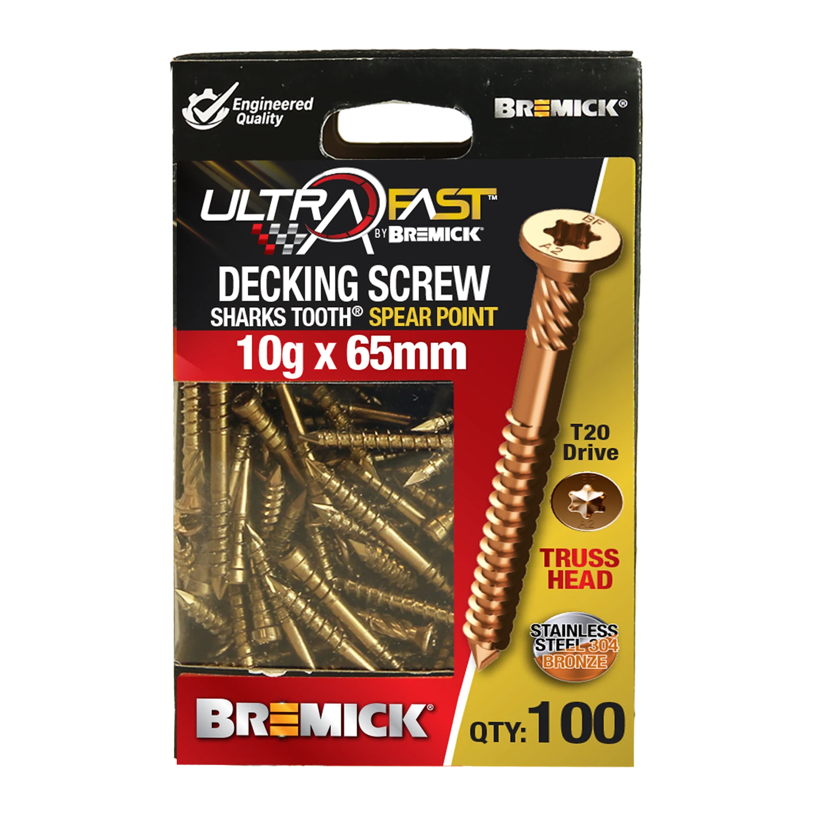 Bremick UltraFast 10g x 65mm 304 Stainless Steel Bronze T20 Truss Head Decking Screw - 100 Pack