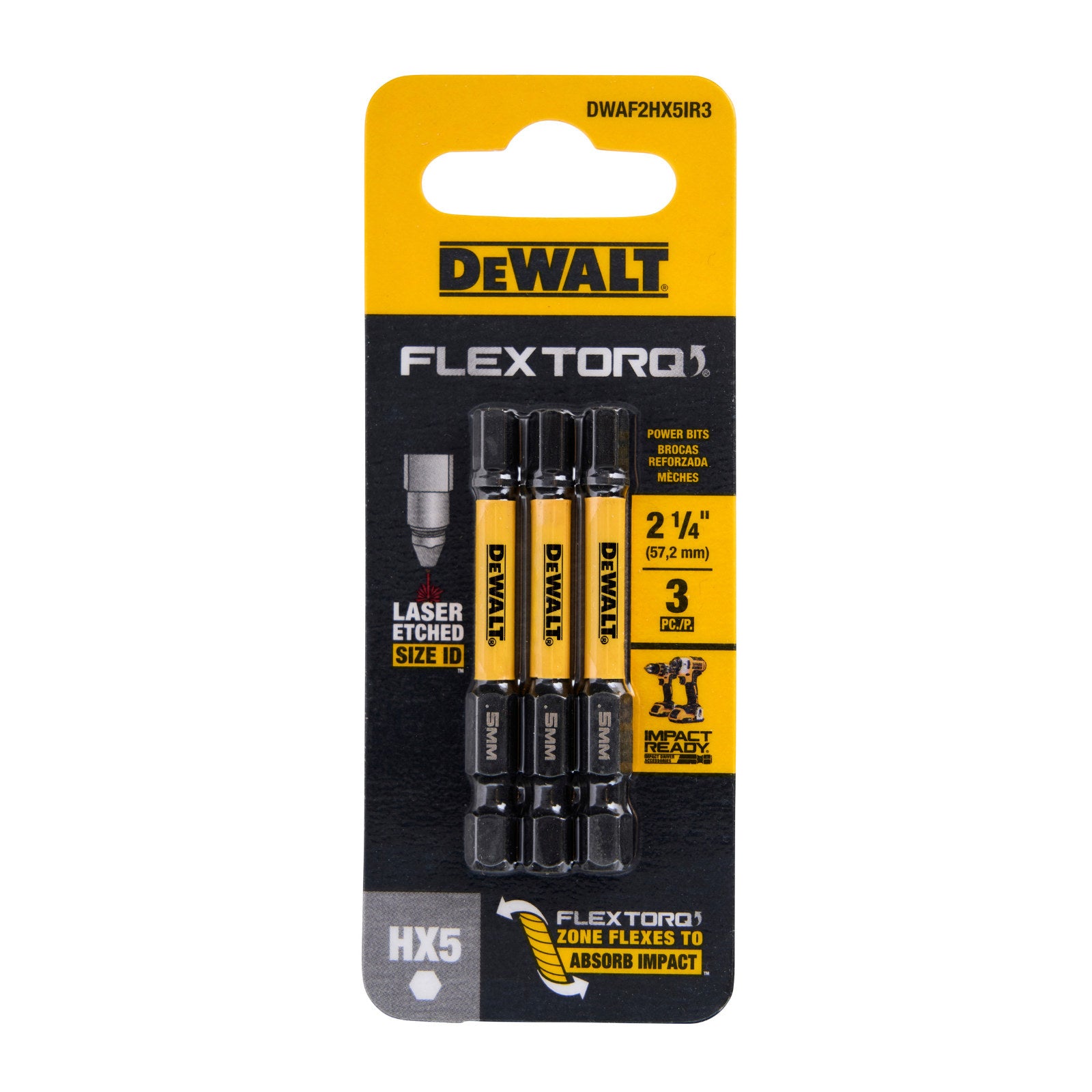 DeWALT FLEXTORQ 57mm HEX5 Impact Screwdriver Bits 3 Pack