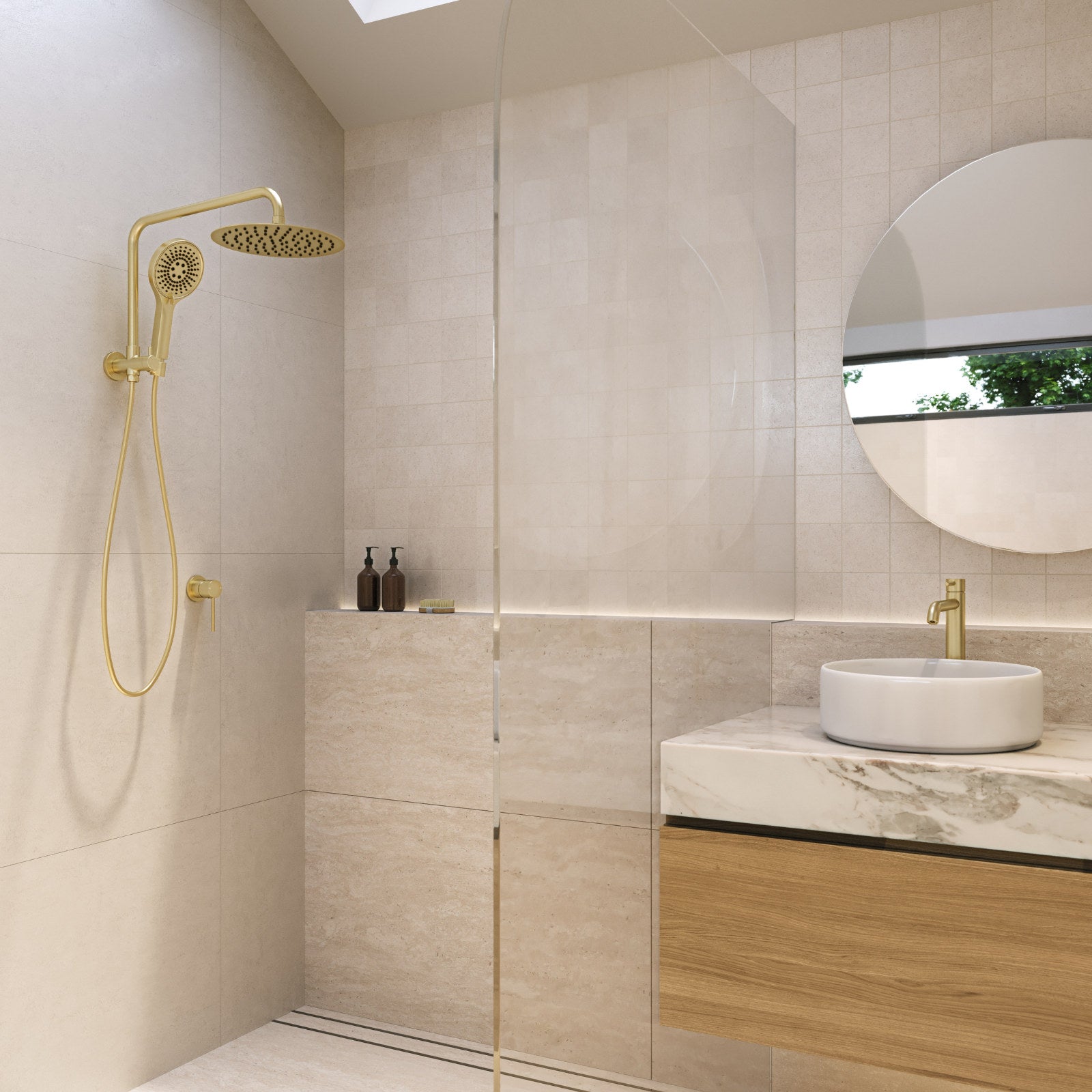 Mondella Resonance Brushed Brass 5 Function Hand Shower & 1/2 Twin Shower Set, 304 Stainless Steel, 9L/min WELS 3 Star