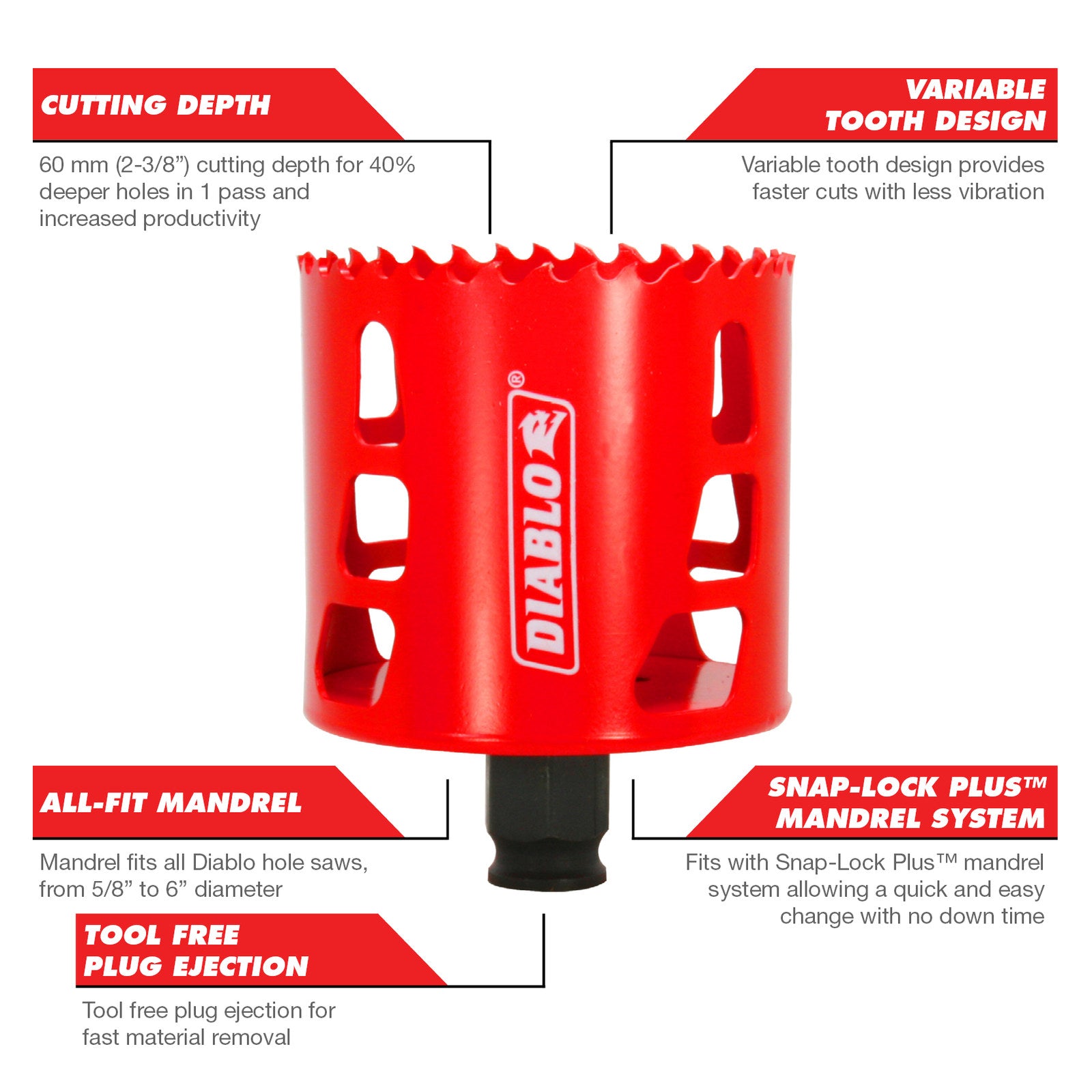 Diablo 76mm Bi-Metal Hole Saw, 60mm Depth, Wood Steel Plastics