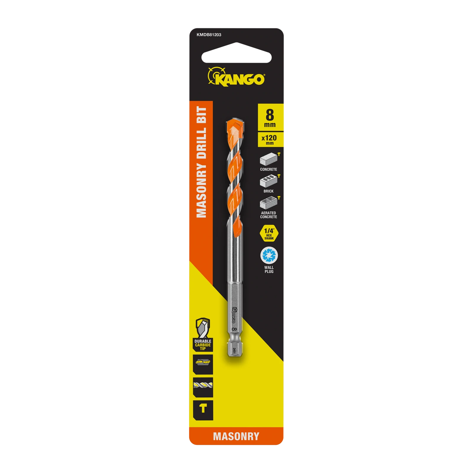 Kango 8 x 120mm Masonry Drill Bit, 1/4" Hex for Concrete & Brick