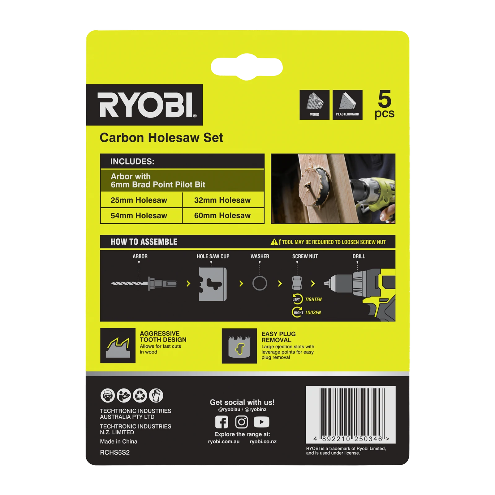 Ryobi 5 Piece Carbon Holesaw Set - 25, 32, 54 & 60mm with Arbor