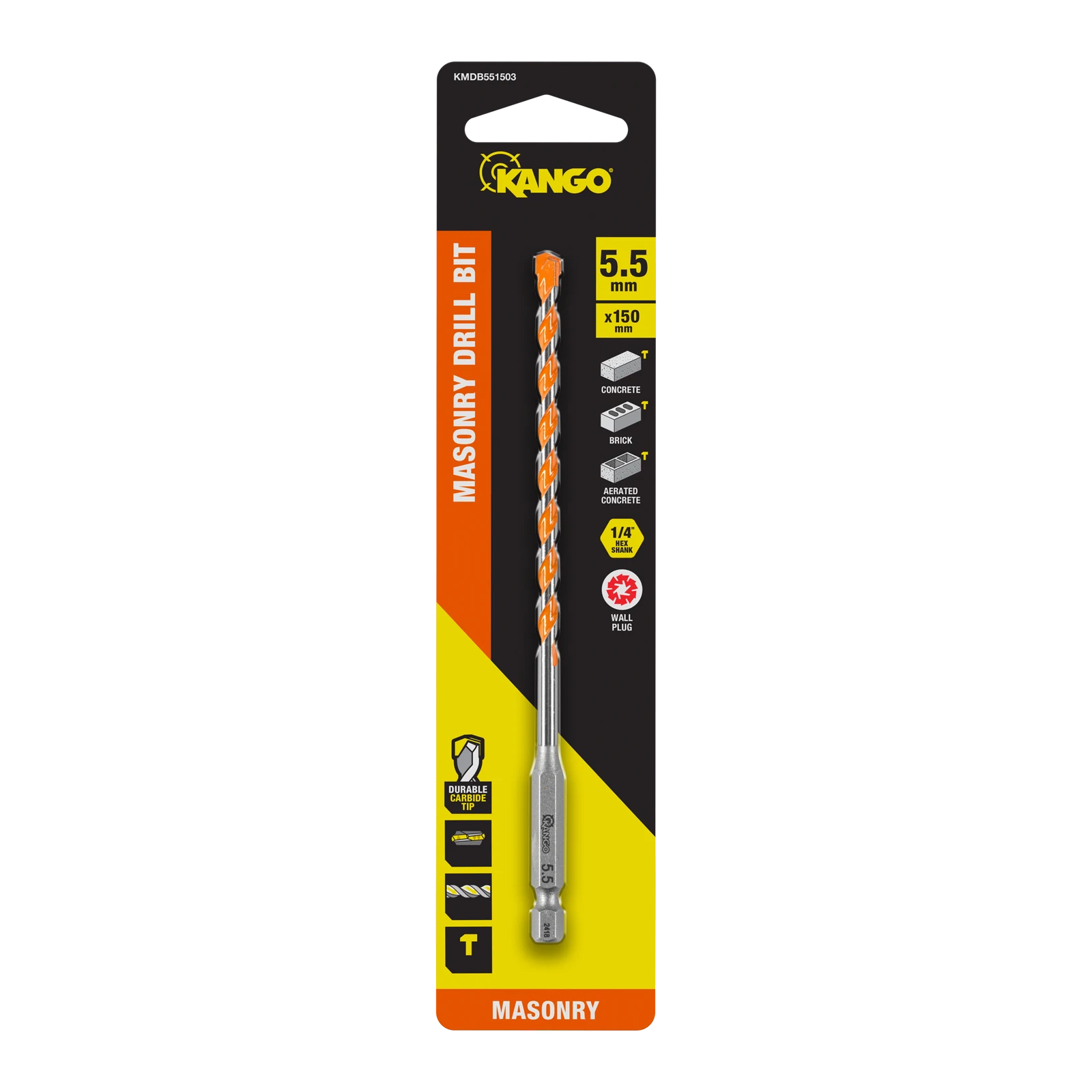 Kango 5.5 x 150mm Masonry Drill Bit - Carbide Tip, 1/4" Hex Shank