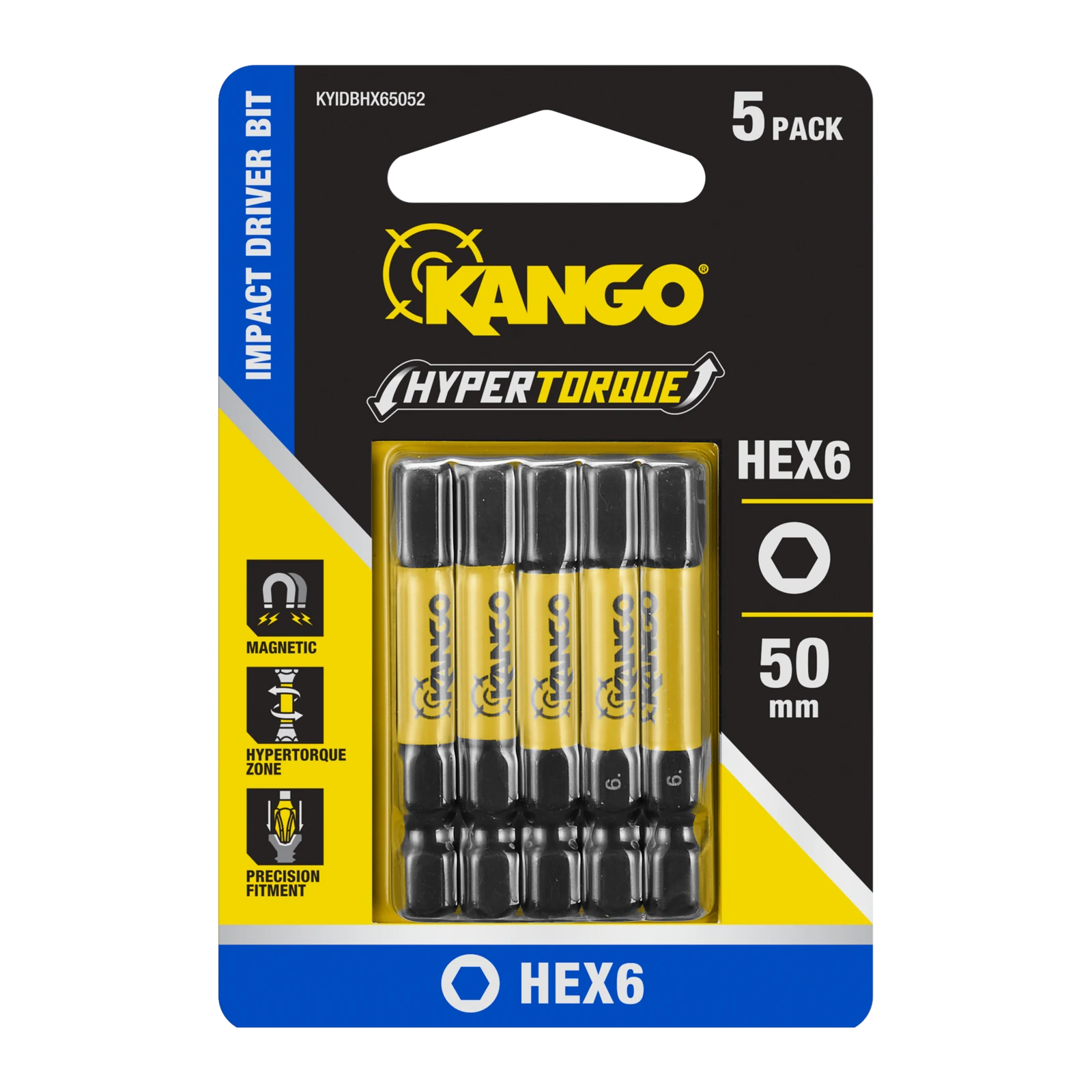 Kango 50mm HEX6 Hypertorque Impact Driver Bits - 5 Pack, Torsion Zone