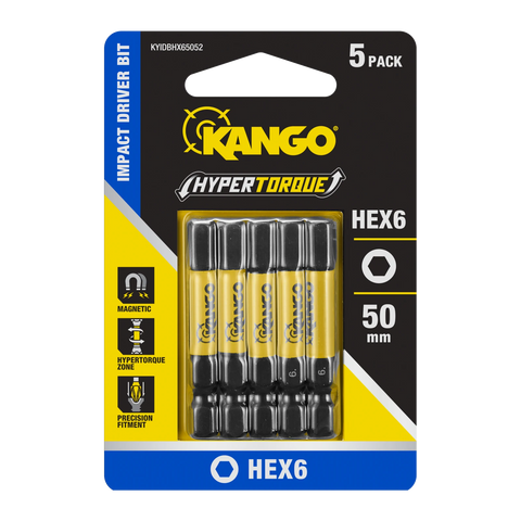 Kango 50mm HEX6 Hypertorque Impact Driver Bits - 5 Pack, Torsion Zone