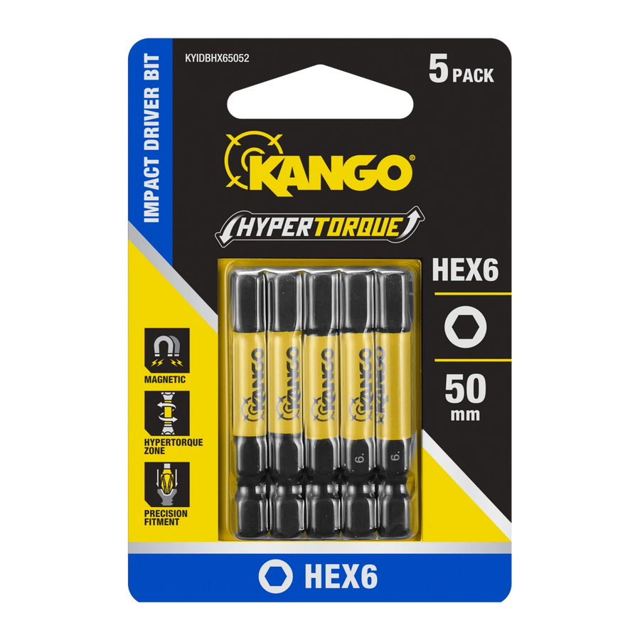 Kango 50mm HEX6 Hypertorque Impact Driver Bits - 5 Pack, Torsion Zone