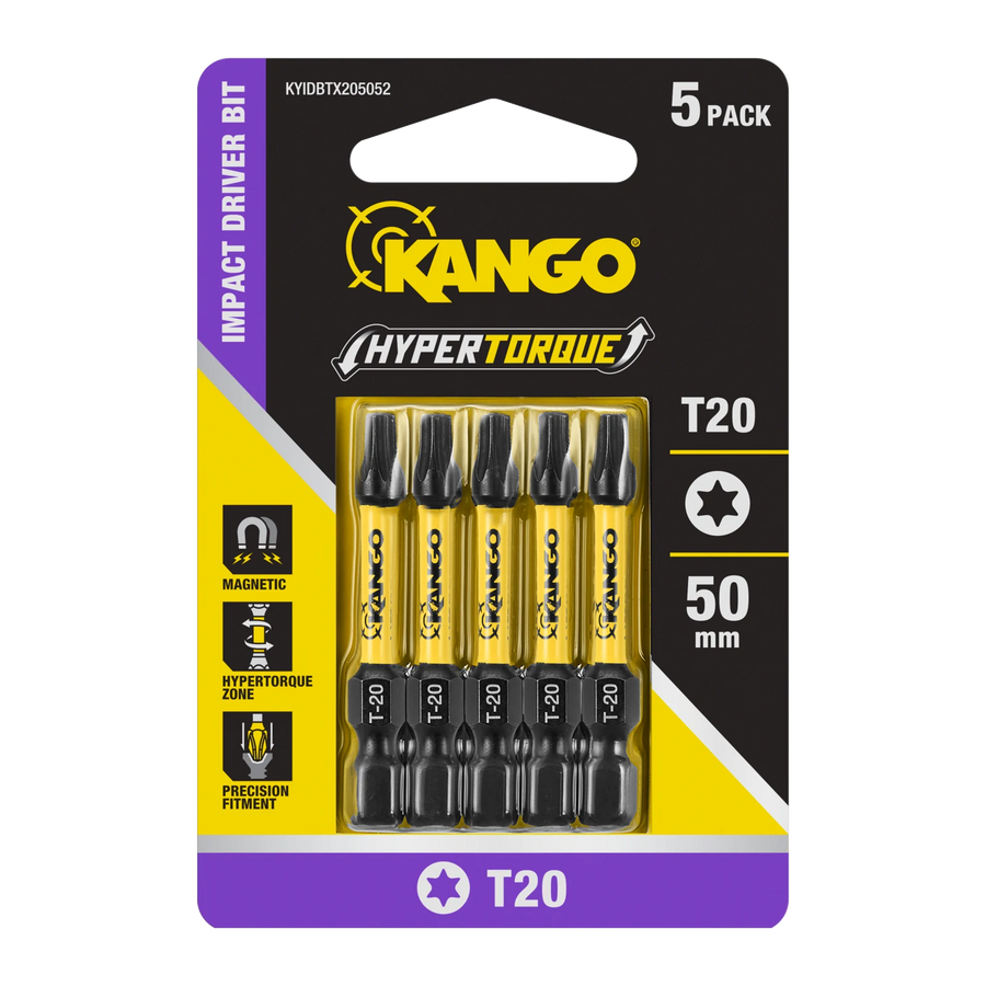 Kango 50mm TX20 Hypertorque Impact Driver Bits - 5 Pack, Torsion Zone