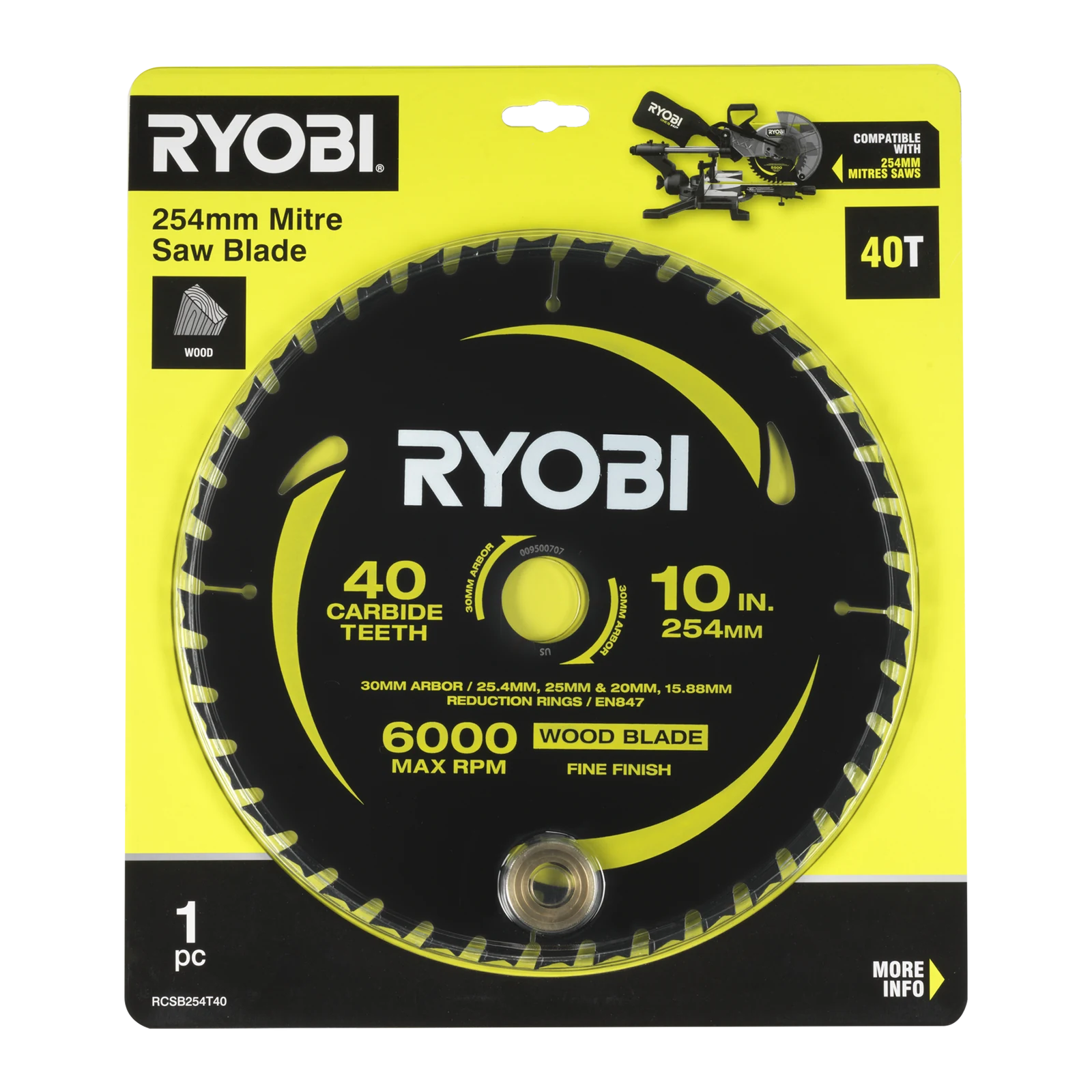Ryobi 254mm 40T Mitre Saw Blade - Fine Finish for Timber, RCSB254T40