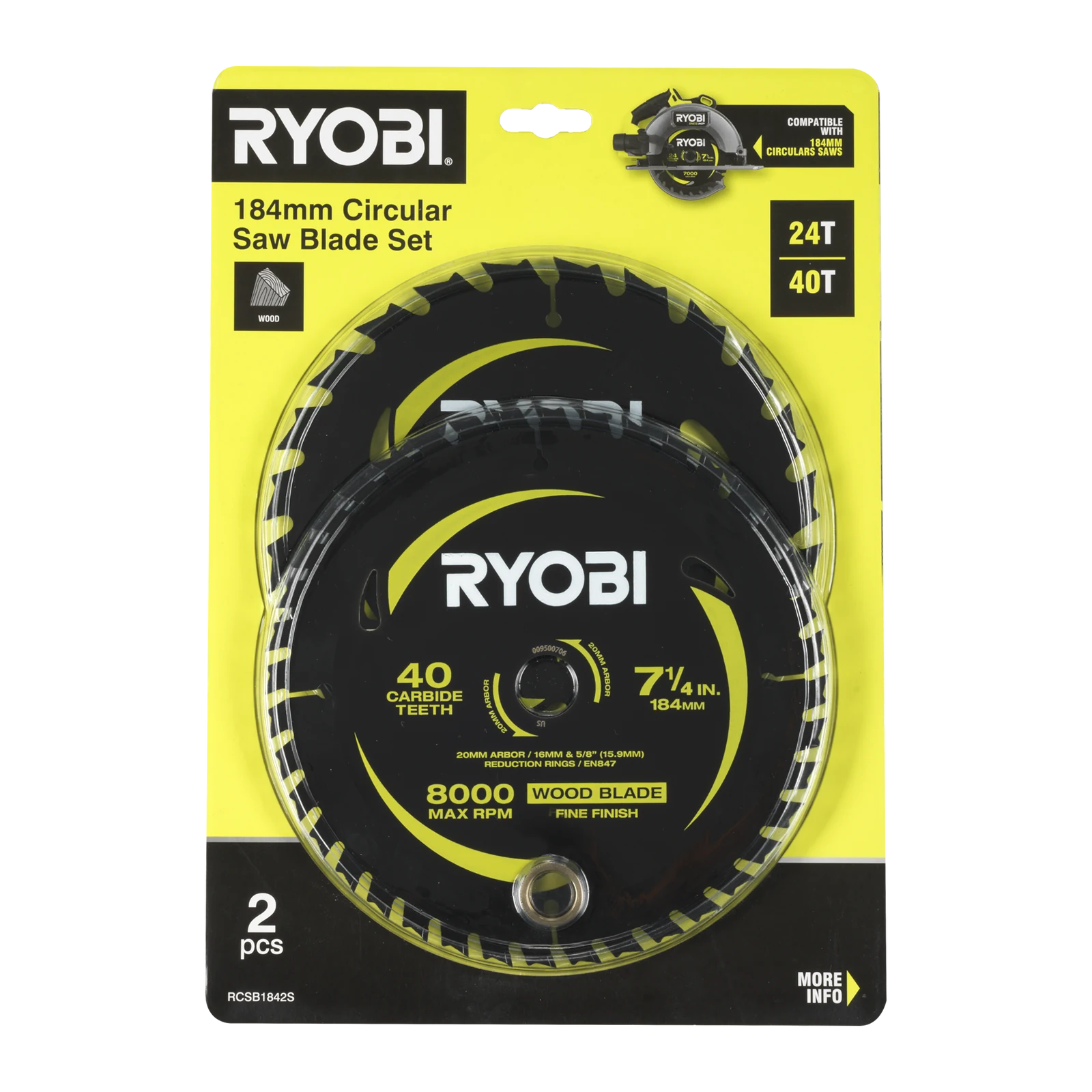 Ryobi 184mm 24T and 40T Circular Saw Blade 2 Pack RCSB1842S