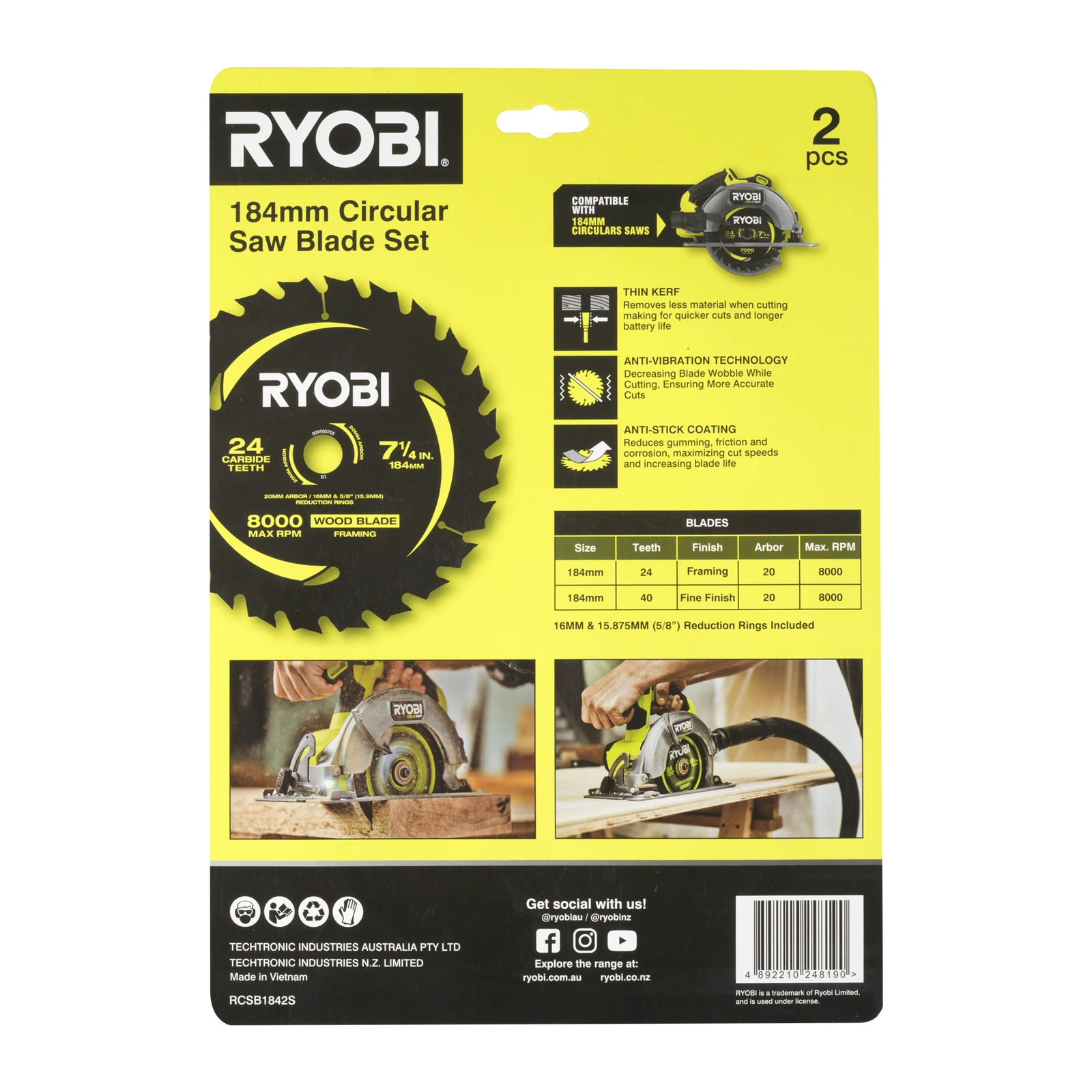 Ryobi 184mm 24T and 40T Circular Saw Blade 2 Pack RCSB1842S