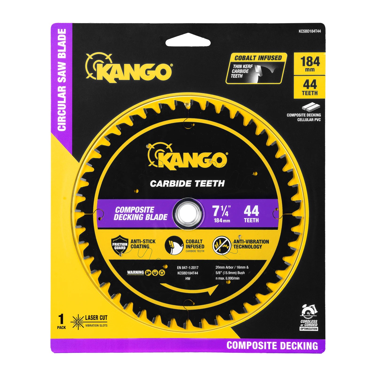 Kango 184mm 44T Composite Decking Circular Saw Blade - Triple Chip Grind Teeth