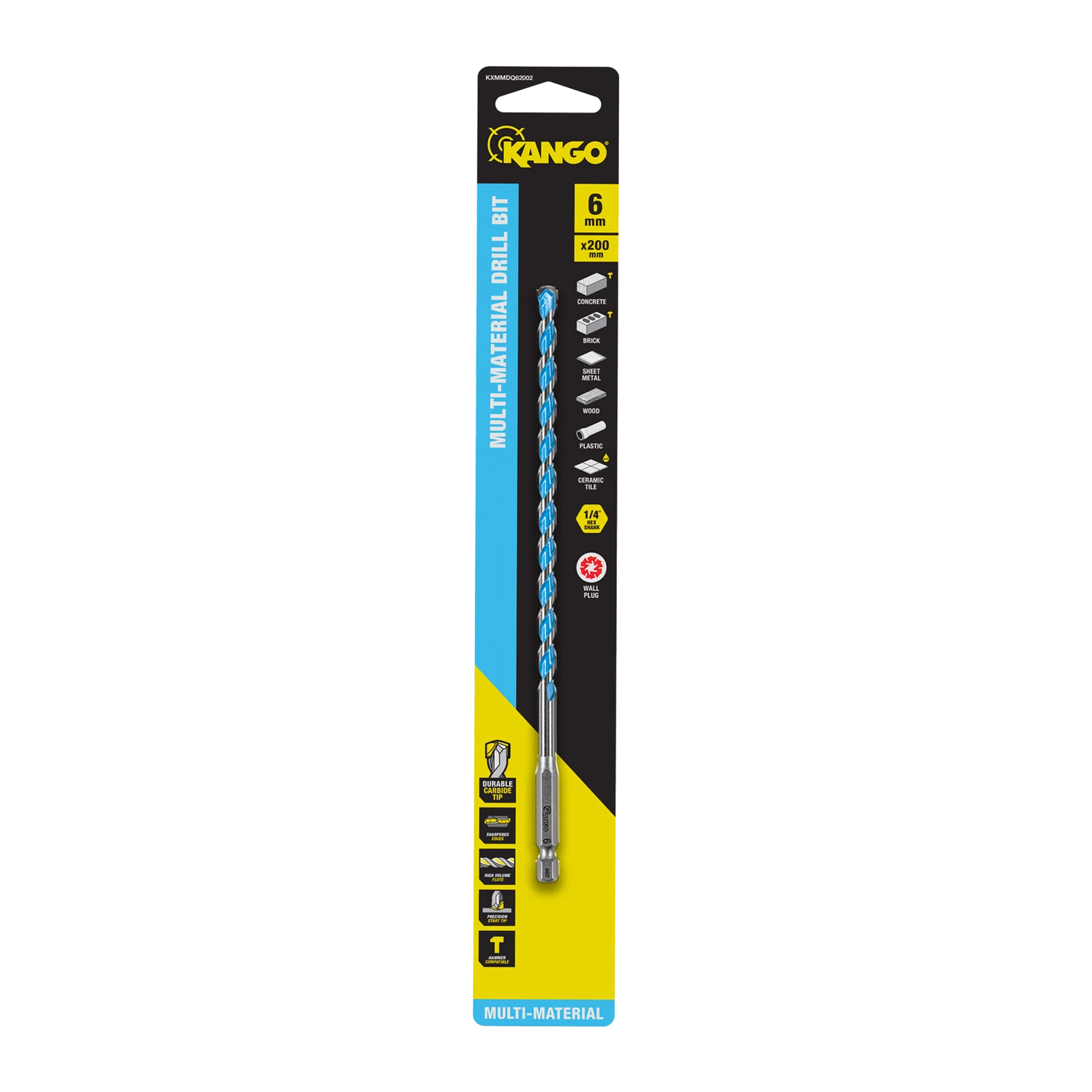 Kango 6 x 200mm Multi-Material Drill Bit - 1/4" Hex Carbide Tip for Concrete, Tile, Timber & Metal