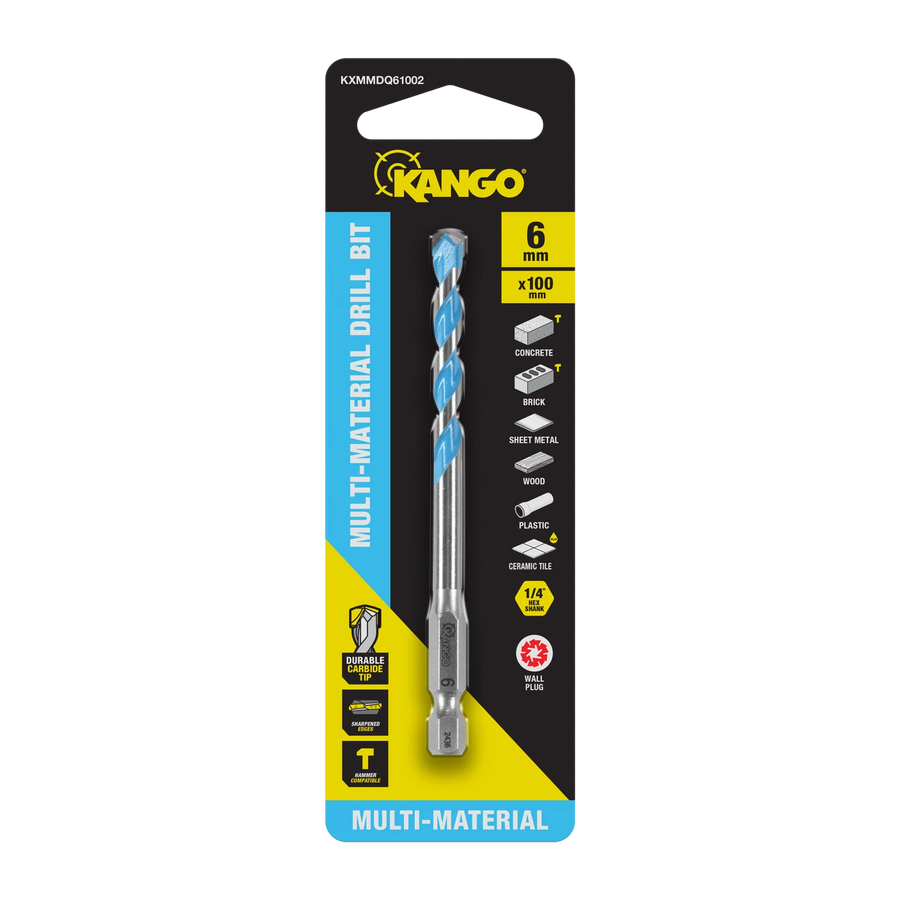Kango 6 x 100mm Multi-Material Drill Bit - 1/4" Hex Carbide Tip for Concrete, Tile, Timber & Metal