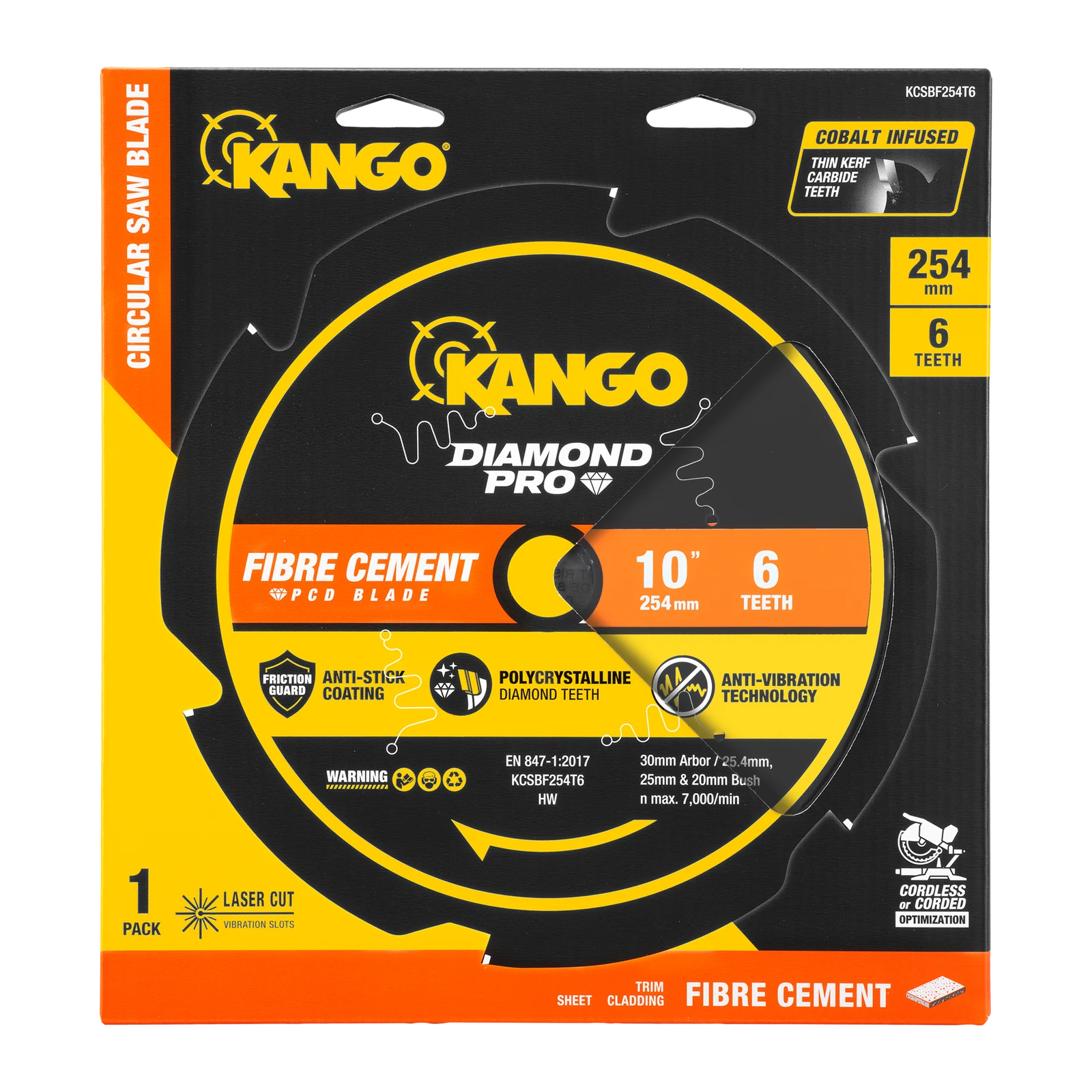 Kango 254mm 6T Diamond Pro Fibre Cement Mitre Saw Blade - PCD Teeth, Thin Kerf