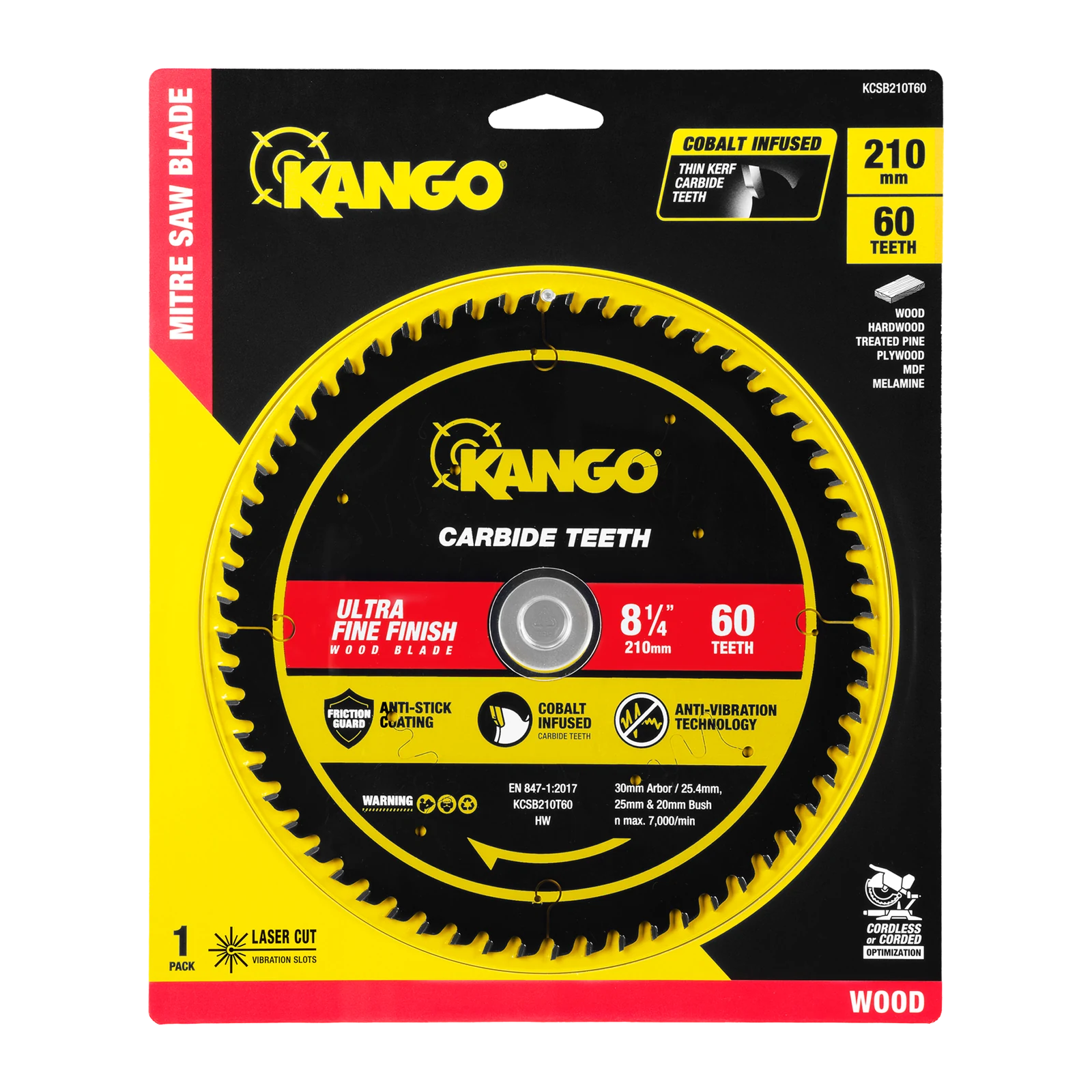Kango 210mm 60T Wood Mitre Saw Blade - Fine Finish Cross Cuts in Timber, Plywood & MDF