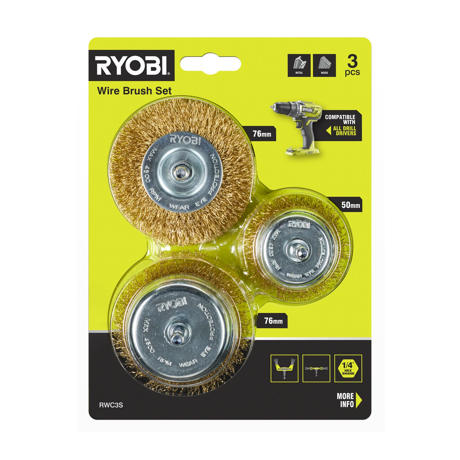 Ryobi 3 Piece Wire Brush Set - 76mm Wheel, 76mm & 50mm Cups, 1/4" Hex Shank