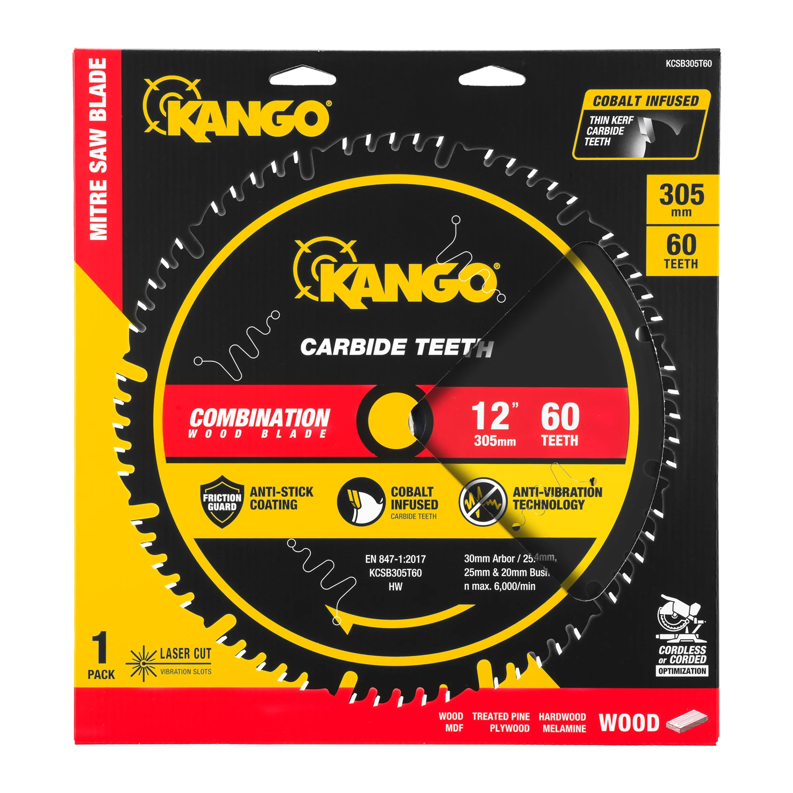 Kango 305mm 60T Wood Mitre Saw Blade - Fine Cross Cuts in Timber, Plywood, MDF & Merbau