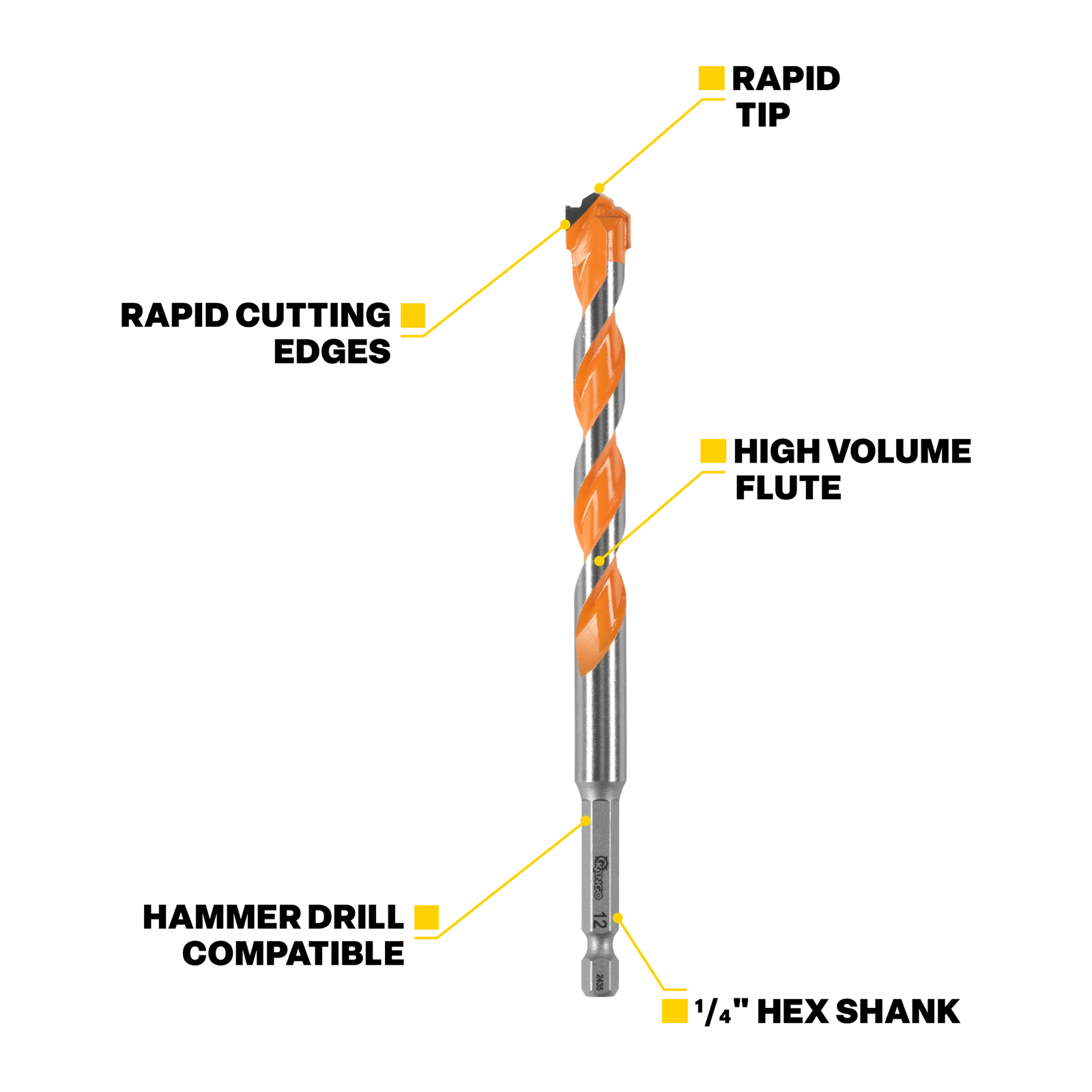 Kango 12 x 400mm Masonry Drill Bit - 1/4" Hex Carbide Rapid Tip for Concrete & Brick