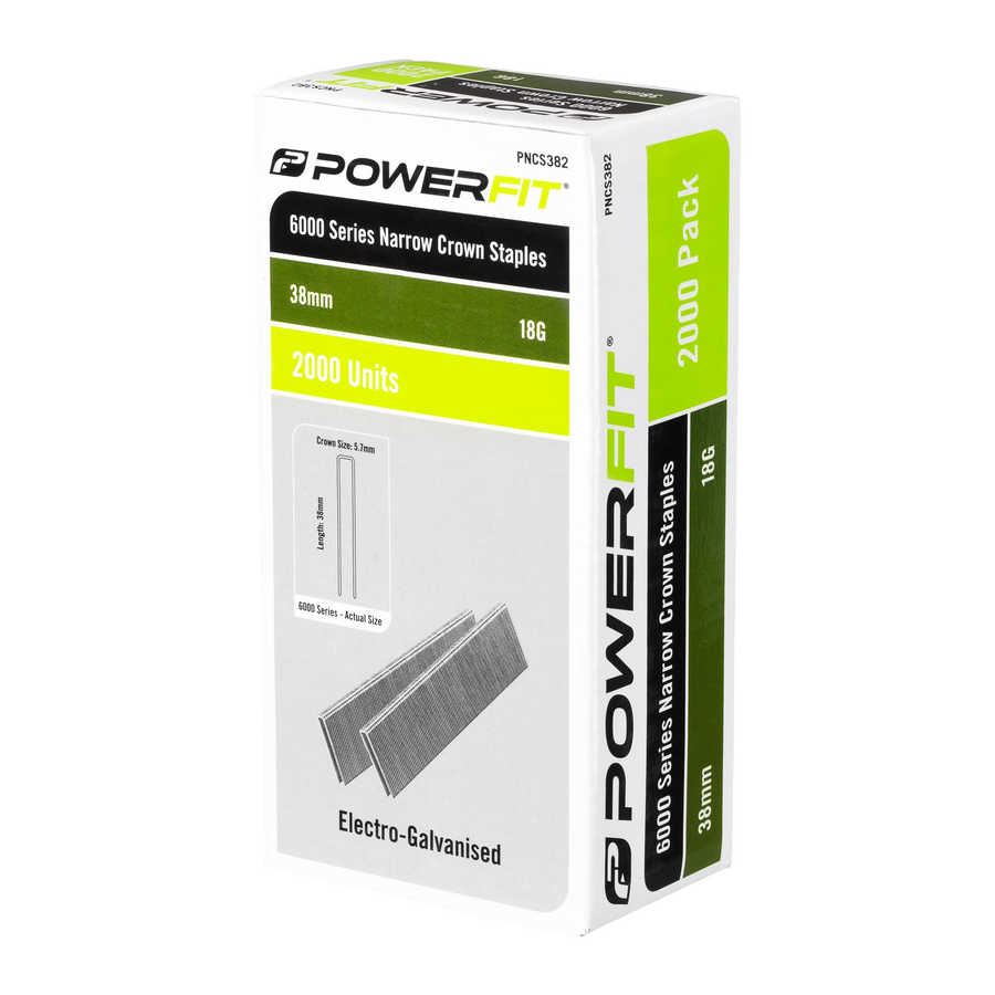 PowerFit 38mm 18 Gauge 6000 Series Electro-Galvanised Narrow Crown Staples - 2000 Pack