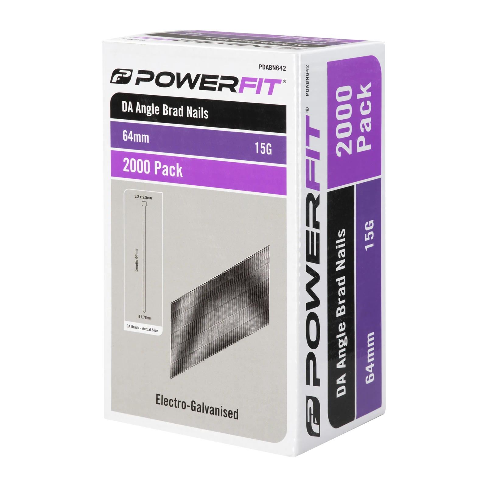 PowerFit 64mm DA Angled Brad Nails 15 Gauge Electro-Galvanised - 2000 Pack