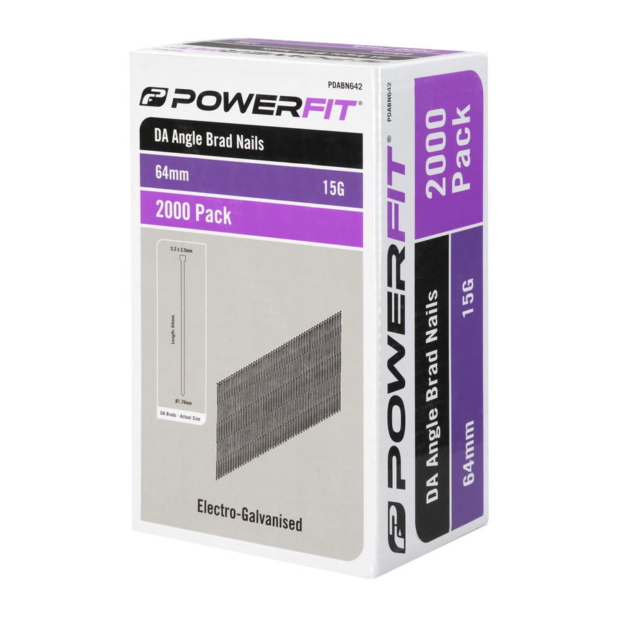 PowerFit 64mm DA Angled Brad Nails 15 Gauge Electro-Galvanised - 2000 Pack