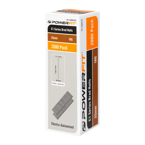 PowerFit 25mm C1 Series Brad Nails 18 Gauge Electro-Galvanised - 2000 Pack