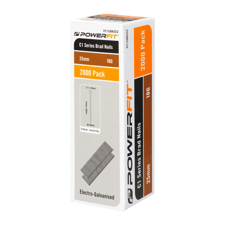 PowerFit 25mm C1 Series Brad Nails 18 Gauge Electro-Galvanised - 2000 Pack