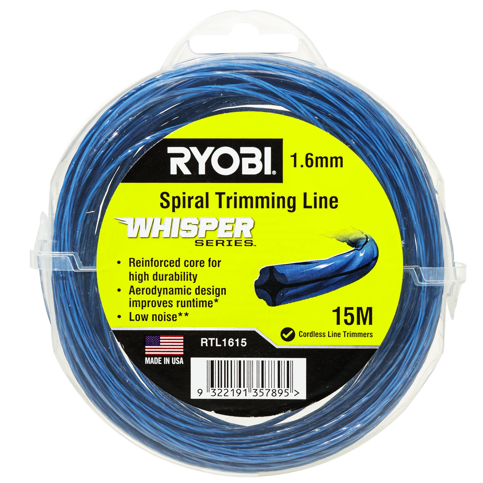Ryobi Whisper Series Trimmer Line 1.65mm x 15m - Green Quiet Nylon Line for Line Trimmers