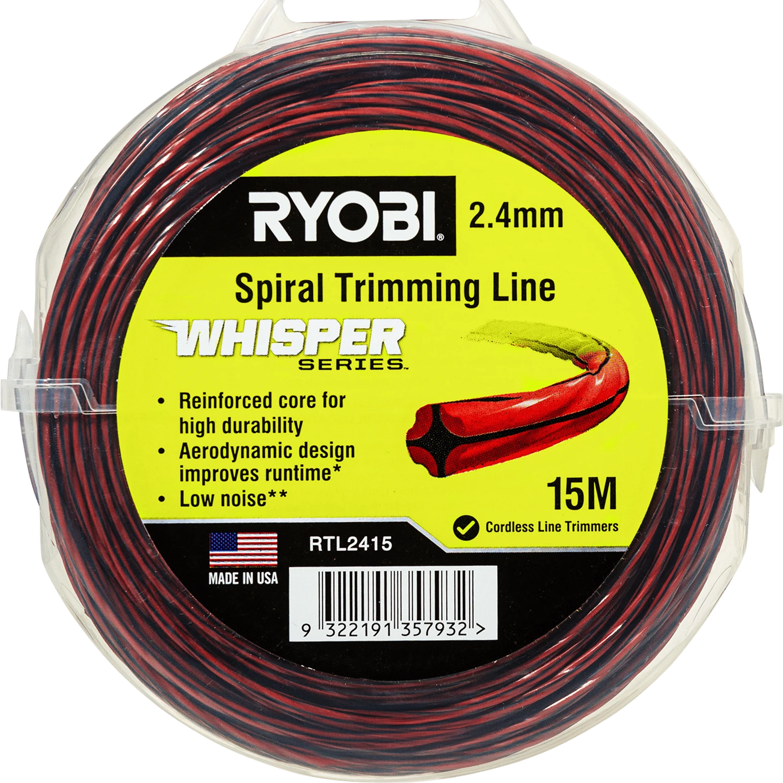 Ryobi Whisper Series Trimmer Line 2.4mm x 15m - Green Quiet Nylon Line for Line Trimmers